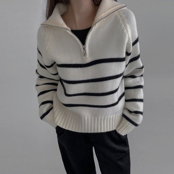 Kara&HighNeck3 Striped breasted Zip-up Knitwear  針織衫