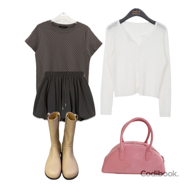 byclothes (스웨이드베이지245,베이지245,베이지235)글램핑 하프 부츠,byclothes (베이지,연두)센느 스웨이드 반달bag,wonderwonder 요링 여름 시스루 골지 가디건등을 매치한 코디