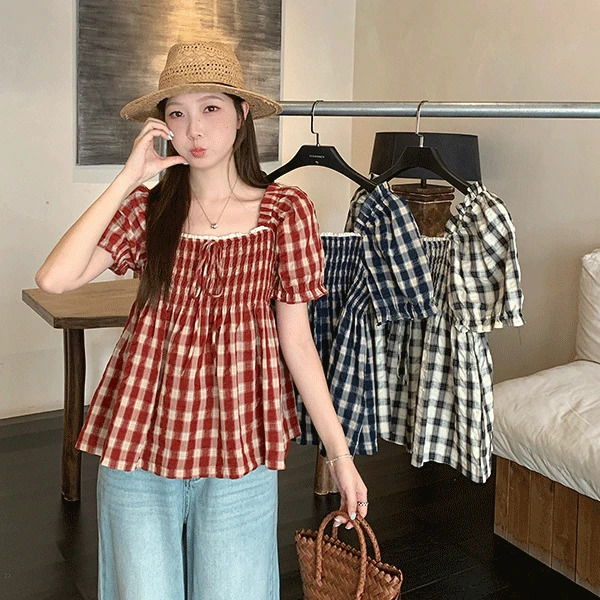 Cesia square neck check blouse