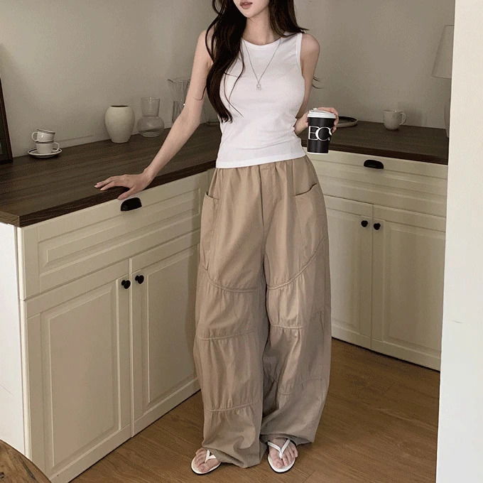 Close Banding Shirring Long Wide Pants -3 Colors