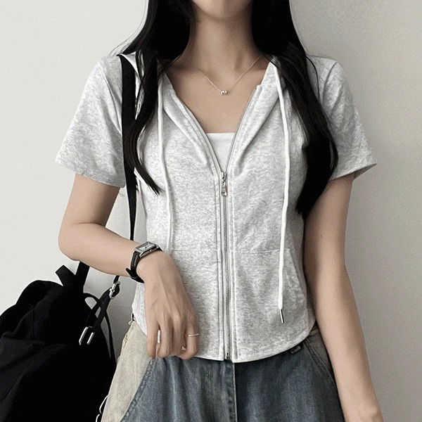 Ild hem round short sleeve hooded zip-up
