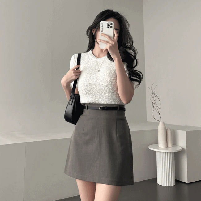 Alphabet Routine Belt Set High Waist Basic Daily A-Line Mini Skirt 4 Colors