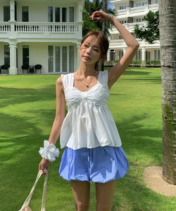 Tulip Ribbon Shirring Banding Bustier Frill Sleeveless Blouse