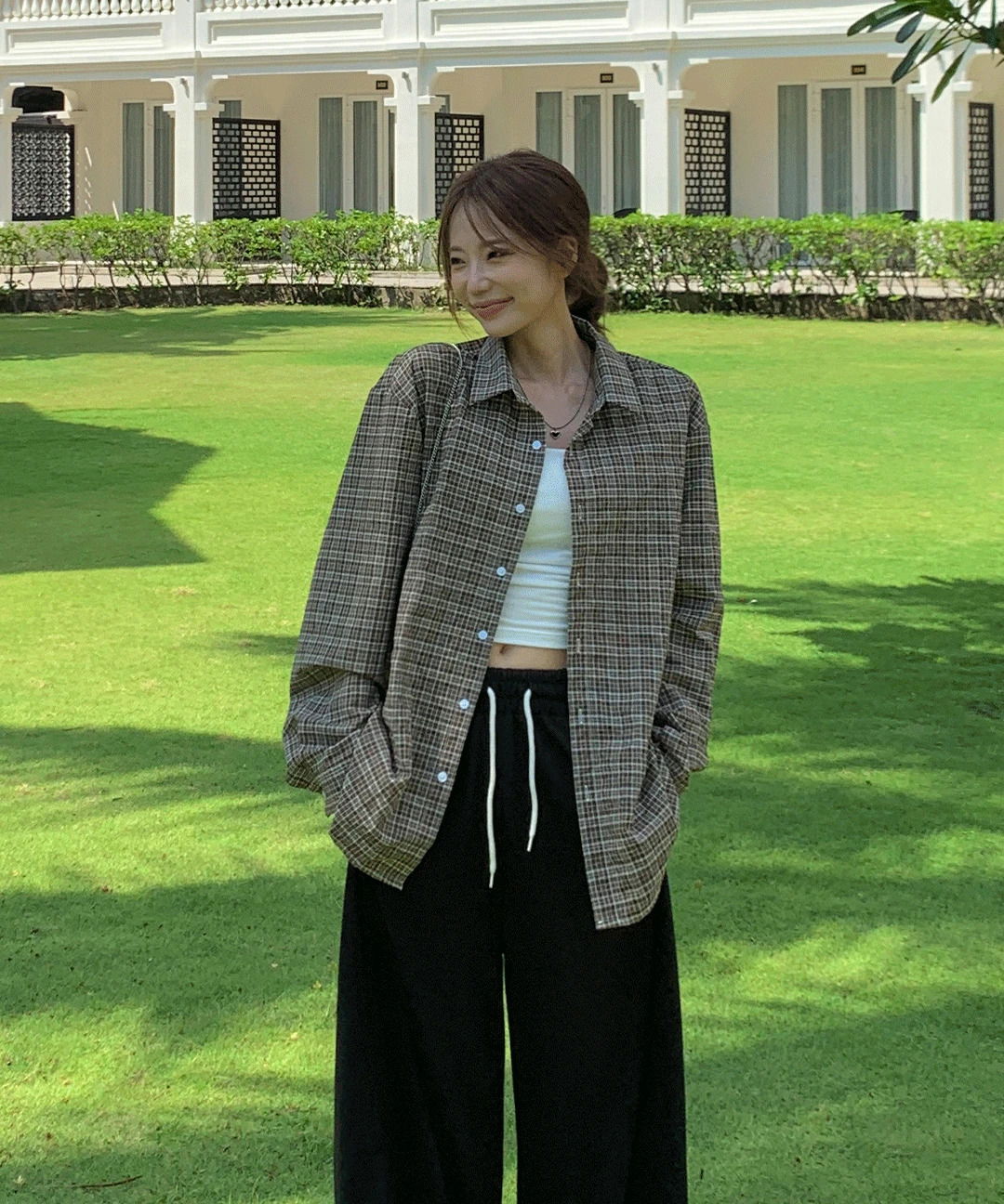 바비 체크 시어서커 린넨 오버핏 커버업 박시 셔츠