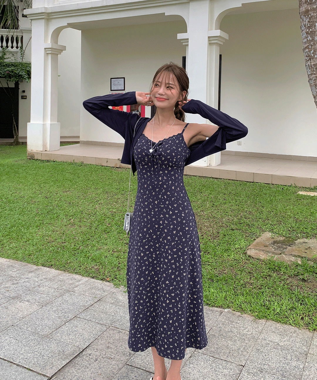 Teeup Flower Cap Sleeveless Lace Ribbon Sleeveless Long Dress Cardigan Set