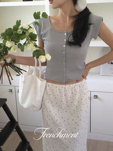 Sling Summer Tight Ribbed Round Neck Crop T-shirt Short Sleeve Cardigan