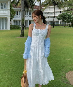 Beauri Frill Lace Ribbon Flower Bust Cancan Sleeveless Long Dress
