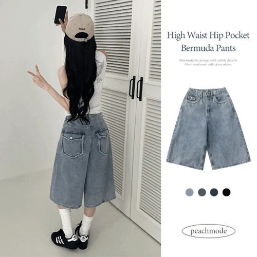 Jangmalook Lit High Waist Hip Pocket Denim Bermuda Pants, Denim Shorts