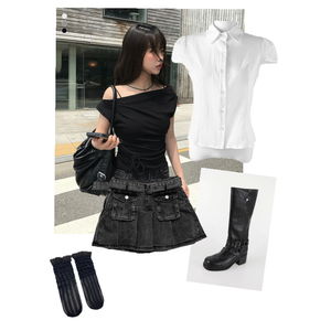 sleeveless,boots,blouses,Outfit,Mood,Black,Daily,Ootd 코디
