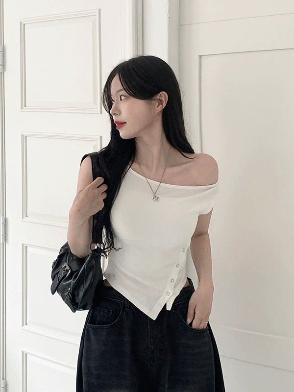 베이 사선 컷팅 버튼 오프숄더 (3color)