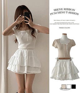 Irene Ribbon Lace Square Neck Puff Short Sleeve T-Shirt