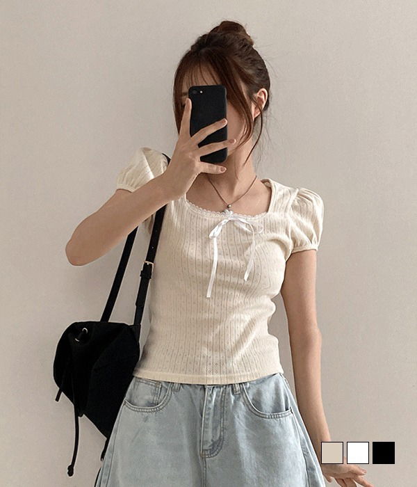 Irene Ribbon Lace Square Neck Puff Short Sleeve T-Shirt