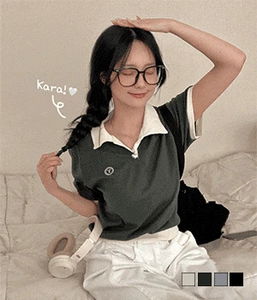 Plain color blocking collar cropped short sleeve t-shirt