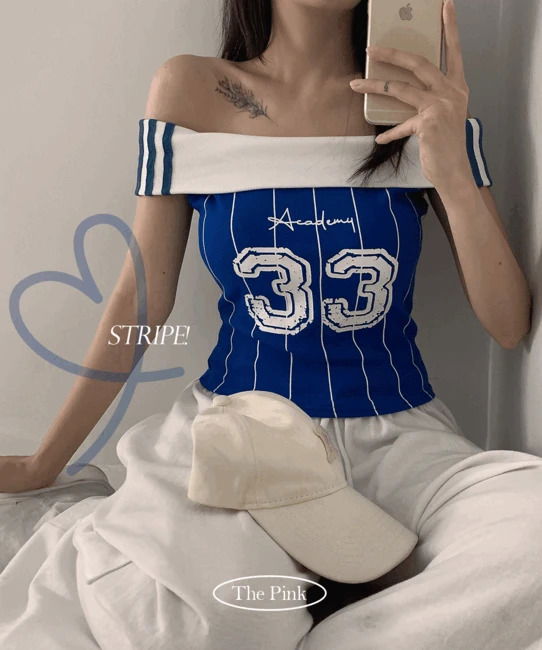 CAA off-shoulder track line color blocking print crop short sleeve T-shirt