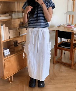 Wet nylon ribbon pocket H-line slit cargo long skirt 4 colors