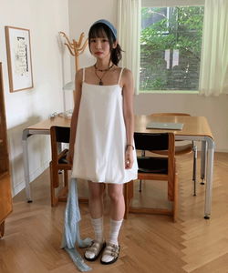 Poly Square Neck Balloon Fit Bustier Summer Sleeveless Mini Dress 2 Color Vacation Look