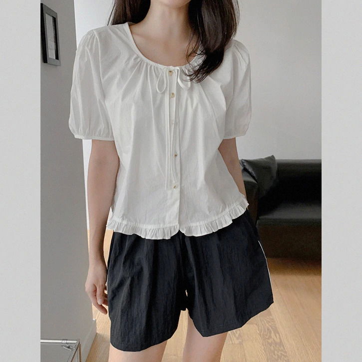 Yeri Ribbon 2 Frill Cotton Short Sleeve Blouse