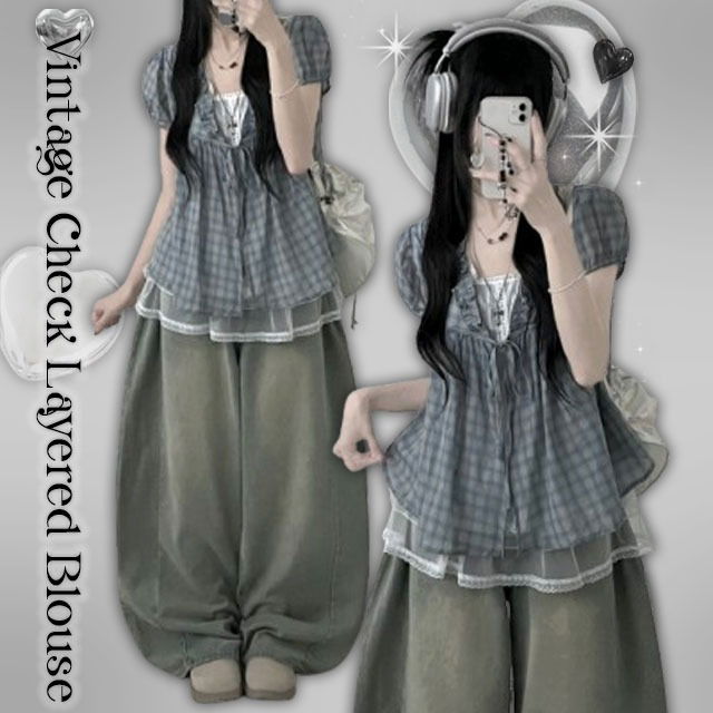 Quocheck Ribbon Frill Lace Double Short Sleeve Blouse Set