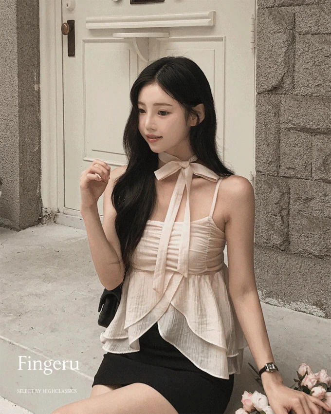 Fingerloo Square Neck Length-Adjustable Shirring Pleated Wrap Uneven Cancan Flare Smoke Banding Timer Sleeveless Blouse
