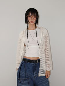 SUMMER KNIT HOOD ZIP-UP (ivory / black)