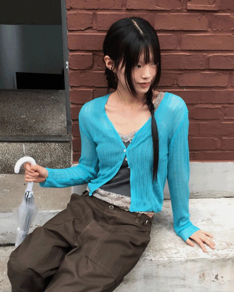 Sewn V-Neck See-through Button Crop Cardigan