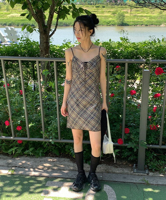 Hier checked slim mini bustier layered Dress