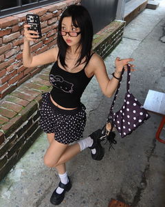 貓咪造型鑲嵌鏤空肩帶無袖上衣