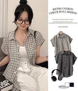 Retro nerdy roll-up check overfit short sleeve shirt