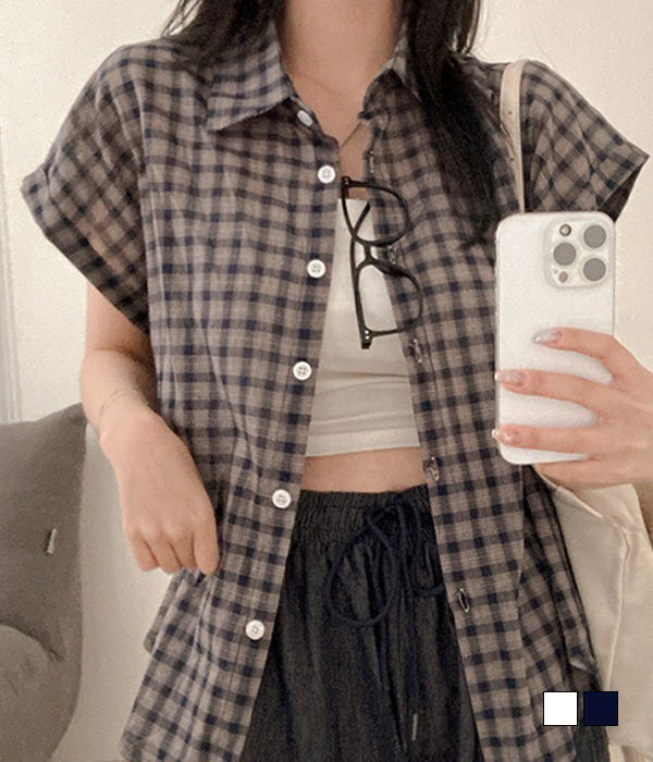 Retro nerdy roll-up check overfit short sleeve shirt