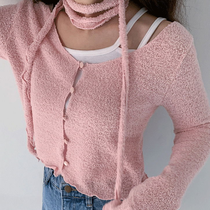Two-line layered 2 sleeveless & muffler & cardigan set 針織外套