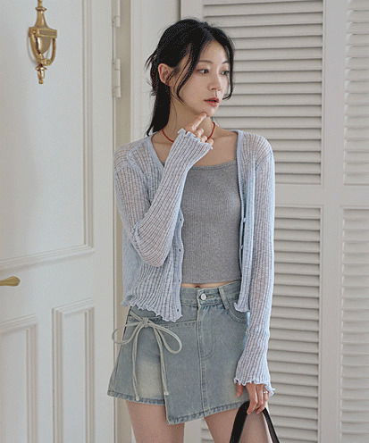 네이토 V 넥 웨이브 펀칭 프릴 니트 가디건 (여름/간절기/살안타템/시스루/러블리/페미닌/데일리룩/데이트룩)