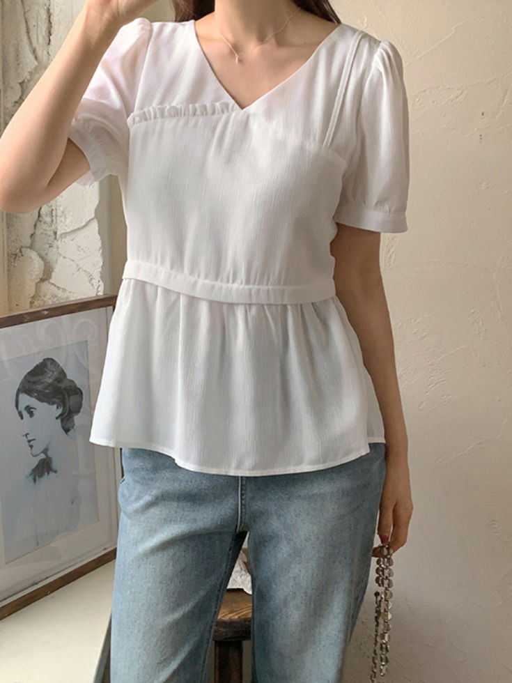 Lilyabh Ringkle Chiffon Frill Shirring Peplum Short Sleeve Blouse