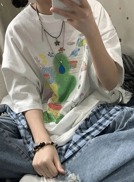 그림 프린팅 루즈핏 반팔 티셔츠