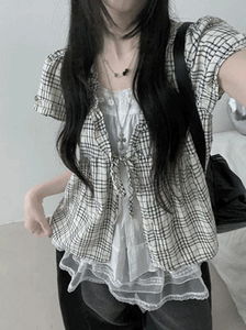 Seiche Ribbon Frill Lace Double Short Sleeve Blouse Set