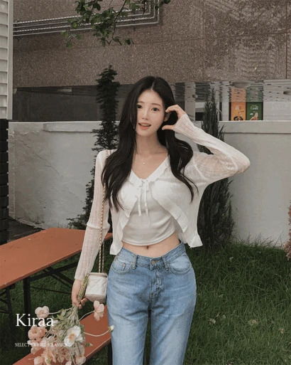 키라아 브이넥 프릴 스트랩 세로골지 살안타 여름 긴팔 가디건