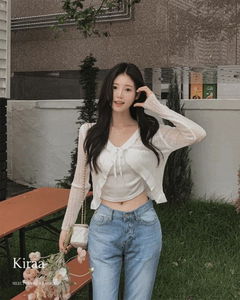 Kiraa V- V-Neck Frill Strap Vertical Bone Ribbed Summer Long Sleeve Cardigan