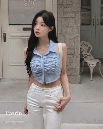 포아린 셔츠카라 홀터넥 바스트셔링 단추 트임 시어서커 여름 민소매 나시 셔츠
