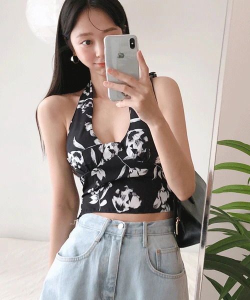 ガンビアフラワーリボンストラップホルターネックスリーブレスブラウス