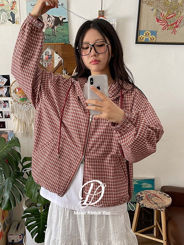 Big size 44-110 Lara Vintage Check Cotton Hooded Two Way Windbreaker 夹克