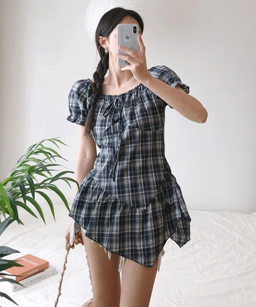 Bandar's Unbalanced Shirring Off-Shoulder Banding Check Blouse
