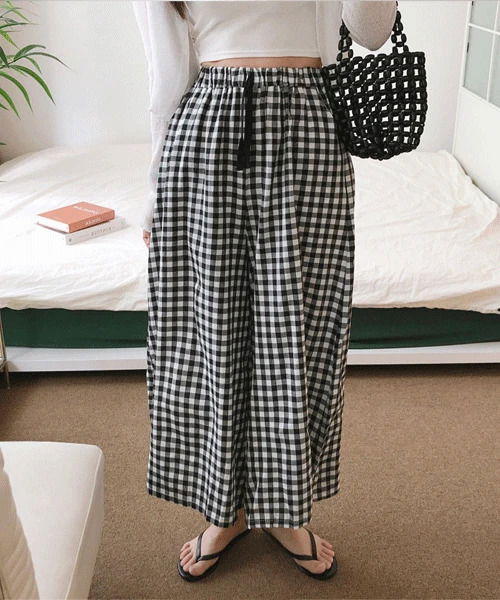 Livgawan Cotton Waistband High-waisted Check Thong Wide Pants