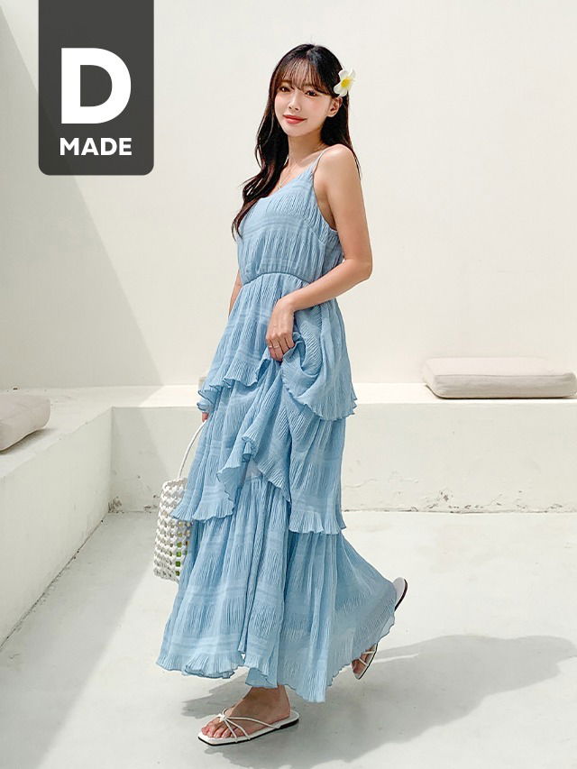 Big Size 55-99 Olivia Ringkle Chiffon Cancan Strap Sleeveless Long Dress Vacation Look 连身裙