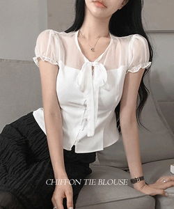 Litton chiffon color block tie blouse