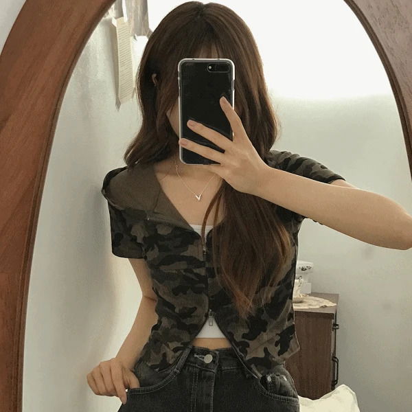 Camo Two Way Crop Military Short Sleeve Hooded Jacket 2 Colors 夹克