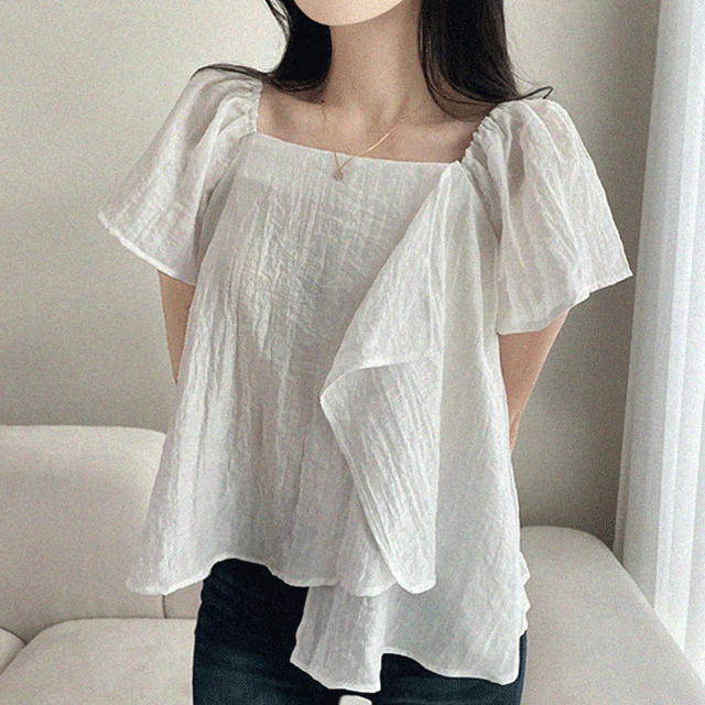 Non-sticky, cool front ruffle shirring square neck layered blouse 3 colors 衬衫