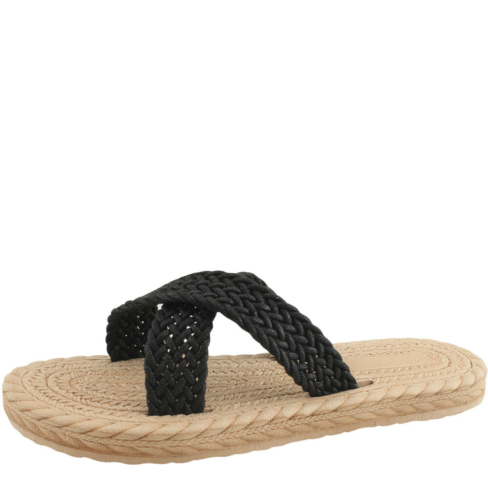 Woven Rattan Lightweight Cushioned X-Strap Slippers Black