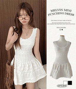 멜빈 뜨개 펀칭 니트 플레어 미니 원피스