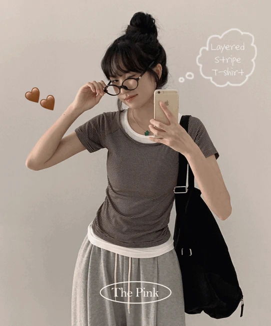 ヘリット配色レイヤード単ガラ半袖Tシャツ