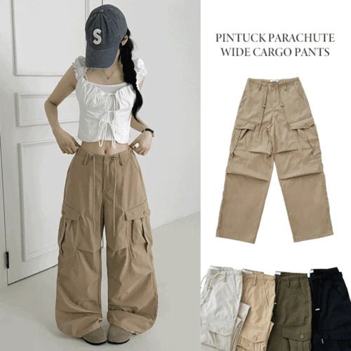 Soan String Belt Pintuck Parachute Wide Cargo Pants
