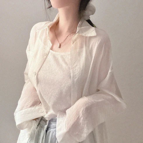 Gauze Loose-fit Shirt + linen material sleeveless, hair tie set 5 colors